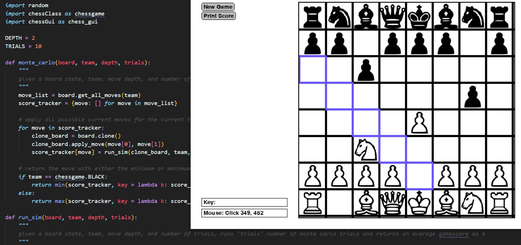 screenshot of Monte Chess app wih chessboard and code in background